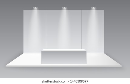 3D Exhibition Booth. White Empty Promotional Stand With Desk. Vector White Empty Geometric Square. Presentation Event Room Display. Blank Box Template