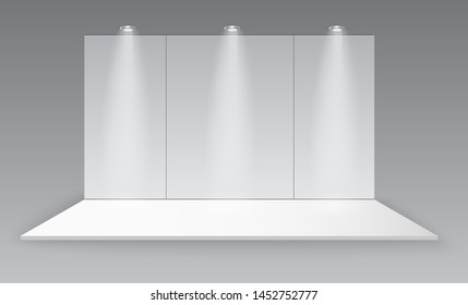 3D exhibition booth. White empty promotional stand with desk. Vector white empty geometric square. Presentation event room display. Blank box template