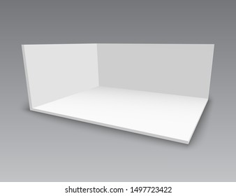3D exhibition booth. White empty promotional stand with desk. Vector white empty geometric square. Presentation event room display. Blank box template