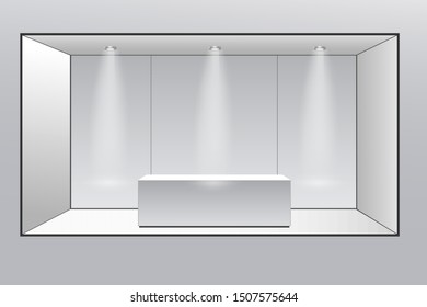 3D exhibition booth. White empty promotional stand with desk. Vector white empty geometric square. Presentation event room display. Blank box template