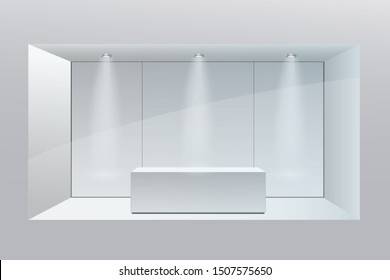 3D exhibition booth. White empty promotional stand with desk. Vector white empty geometric square. Presentation event room display. Blank box template