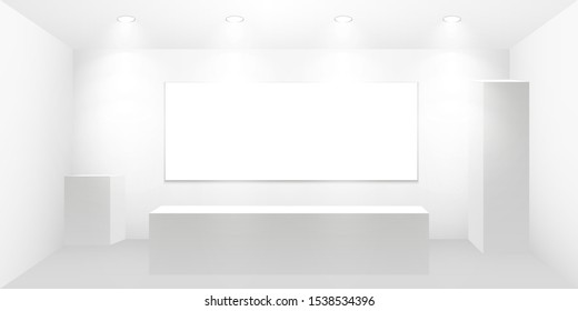 3D exhibition booth. White empty promotional stand with desk. Vector white empty geometric square. Presentation event room display. Blank box template