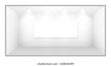 3D exhibition booth. White empty promotional stand with desk. Vector white empty geometric square. Presentation event room display. Blank box template