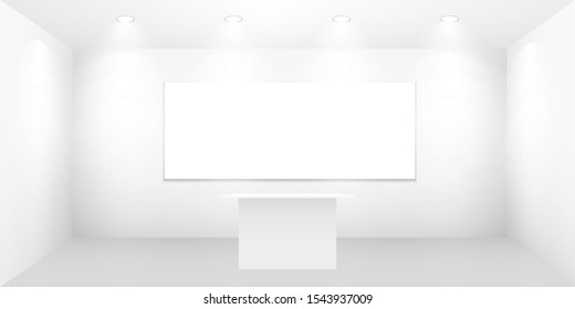 3D exhibition booth. White empty promotional stand with desk. Vector white empty geometric square. Presentation event room display. Blank box template