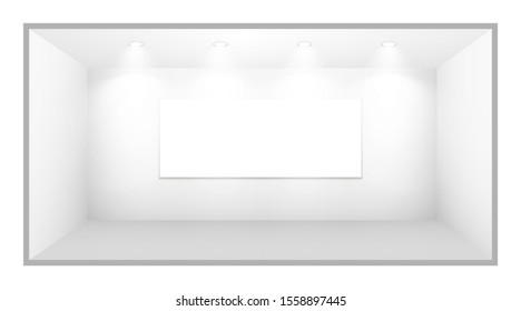 3D exhibition booth. White empty promotional stand with desk. Vector white empty geometric square. Presentation event room display. Blank box template