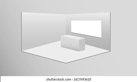 3D exhibition booth. White empty promotional stand with desk. Vector white empty geometric square. Presentation event room display. Blank box template