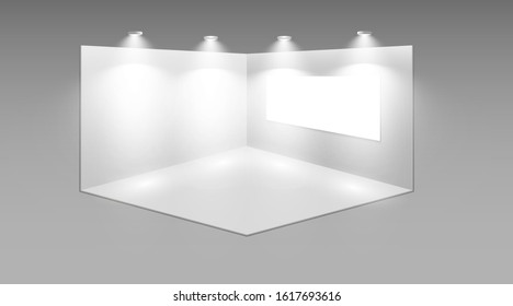 3D exhibition booth. White empty promotional stand with desk. Vector white empty geometric square. Presentation event room display. Blank box template