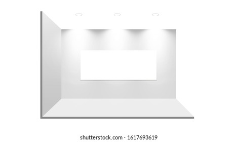 3D exhibition booth. White empty promotional stand with desk. Vector white empty geometric square. Presentation event room display. Blank box template