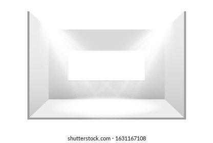 3D exhibition booth. White empty promotional stand with desk. Vector white empty geometric square. Presentation event room display. Blank box template