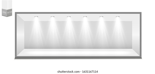 3D exhibition booth. White empty promotional stand with desk. Vector white empty geometric square. Presentation event room display. Blank box template