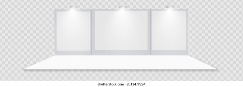 3D exhibition booth. White empty promotional stand with desk. Vector white empty geometric square. Presentation event room display.