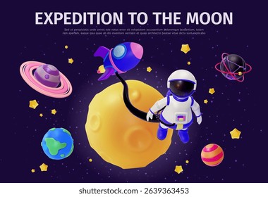 3d Expedition to The Moon Concept Ads Banner Promotion Poster Card Cartoon Design Style. Vector illustration