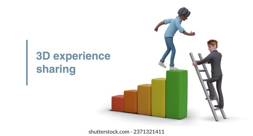 3d experience sharing concept. Man climbing ladder of success, colleague climbing upstairs near. Employees help each other and share experiences. Vector illustration