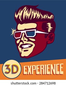 3d experience. Vintage man wearing retro 3d glasses, 3d movies cinema, retro sci-fi futuristic goggles, virtual reality