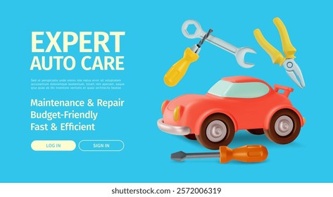 3d Expert Auto Care Concept Ads Banner Promotion Poster Card. Vector illustration of Checking Car and Tools Floating Around