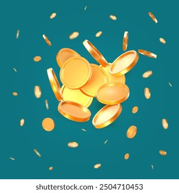 3d explosion gold shiny coins with effect bokeh on turquoise isolated background. Rich or casino luck concept. Precious expensive treasure. Stock vector illustration.	