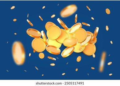 3d explosion gold shiny coins with effect bokeh on blue isolated background. Rich or casino luck concept. Precious expensive treasure. Stock vector illustration.	