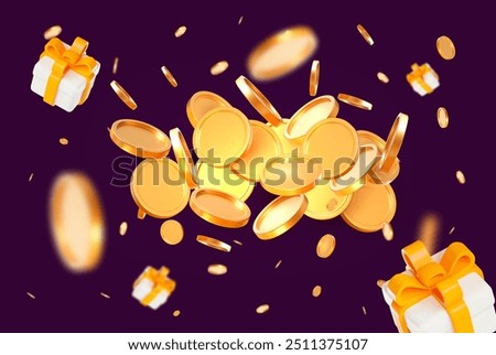 3d explosion gold shiny coins with flying gift box on purple isolated background. Rich or casino luck concept. Precious expensive treasure. Stock vector illustration.	
