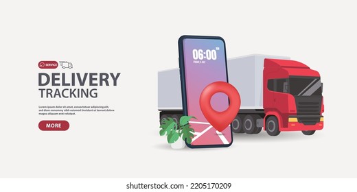3D Express delivery service by truck. Checking delivery service app on mobile phone.