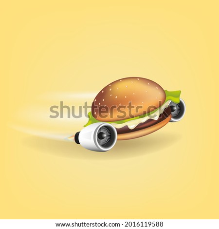 3D Express Jet thrust delivery concept. Burger or fast food service, order, fast and free shipping. Modern design vector illustration.
