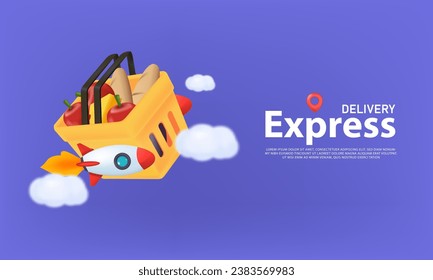 3D Express the red shopping basket with rocket thrust delivery concept on a purple background. Vector illustration