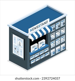 3d Exterior of newsstand building, shop or kiosk with newspapers. Street press and news or business magazines stall, bookshop or paper store stand or tobacconist and ticket booth pavilion box. 2485