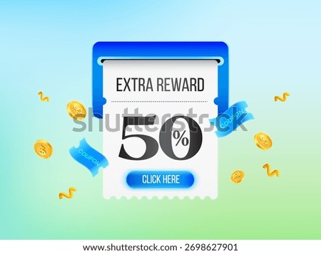 3d Extra Reward 50% off coupon is being printed from a slot, surrounded by floating golden coins and blue ribbons, representing promotional rewards or bonus offers. 3d vector illustration