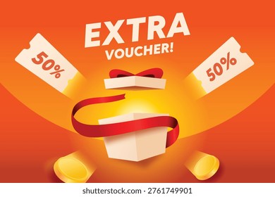 3d extra voucher opened gift box with flying coupon and money in orange background. 