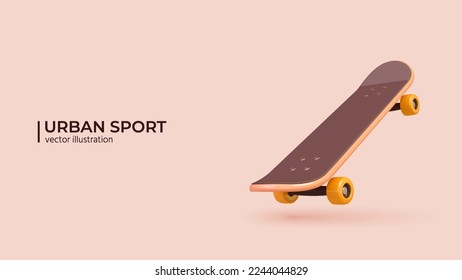 3D - Extreme sport concept. Realistic 3d Design of Modern urban skateboard for skateboarding and showing exciting tricks. Vector illustration health insurance concept in cartoon minimal style.