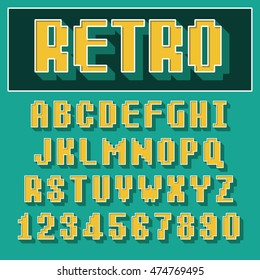 3d extruded font with shadow 3d effect design Orange letters and numbers with white contour on green background Retro style Vector abc