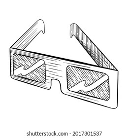 3d eye glasses for movie watching. Black vintage sketch on white background. Vector illustration.