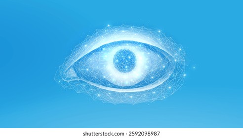 3D eye on blue background. Digital vision, ophthalmology health, face recognition, optic lens, human sight, retina scan, biometric identity, wireframe mesh, science data, sensory system concept.