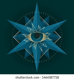 3d eye, star, rose of wind. Blue, gold, green. Graphic element for poster, cover, print, decoration. Eps10 vector.