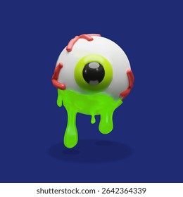 3D eyeball with bright green slime. Halloween spooky eye character with red veins, shiny surface, and gooey dripping slime. Vector illustration for holiday decor, creepy invitations, or scary party.