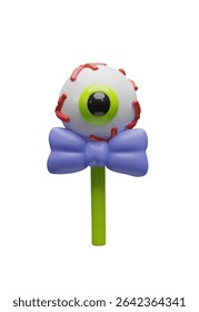 3D eyeball lollipop for Halloween celebration. Cute and spooky three-dimensional candy with caramel, jelly, and sugar details. Perfect for trick or treat, party, fall design, and scary holiday themes.