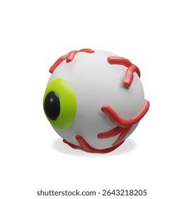 3D eyeball with red veins and green slime. Cute yet creepy Halloween icon perfect for spooky designs, party invitations, trick or treat graphics, and monster-themed decorations.