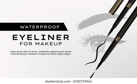 A 3D eyeliner banner showcasing a sleek, black cosmetic pen with liquid liner and a brush applicator, set on a stylish, abstract background. Perfect for luxury beauty and makeup ads. Not AI.