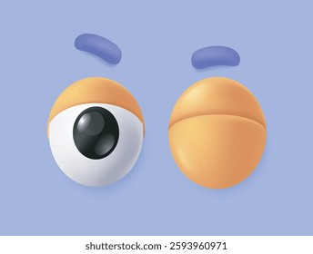 3D eyes. Cartoon icon or comic emoji with winking eyeballs with eyelids and eyebrows. Funny eyesight pair. Eyes expressing positive emotions. Realistic vector illustration in plasticine style