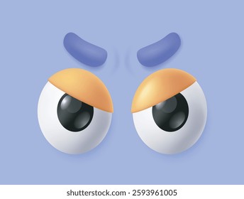 3D eyes. Cartoon icon or comic emoji with eyeballs, eyebrows and eyelids expressing emotion of anger and rage. Funny eyesight pair. Realistic vector illustration in plasticine style