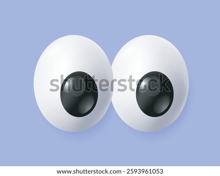 3D eyes. Cartoon icon or comic emoji with big eyeballs looking down. Funny eyesight pair expressing emotion of surprise and shock. Realistic vector illustration in plasticine style