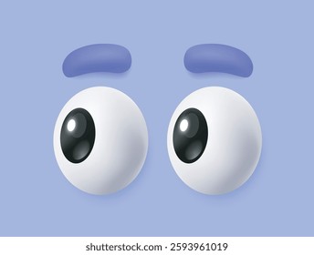 3D eyes. Funny cartoon icon or comic emoji with eyeballs and eyebrows expressing curiosity emotion and looking to left. Funny eyesight pair. Realistic vector illustration in plasticine style