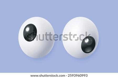 3D eyes. Funny eyesight pair. Cartoon icon or comic emoji with crazy eyeballs looking in different directions. Expression of emotions. Realistic vector illustration in plasticine style