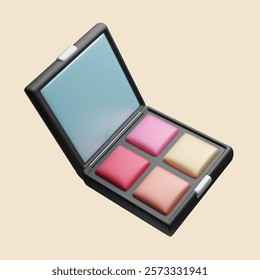 3D eyeshadow facial makeup palette vector illustration. Black square pocket mirror blush makeup palette kit. Fashion beauty cosmetic product, Korean makeup, skincare facial treatment 3D vector render.