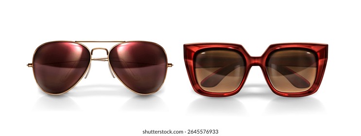 3d eyewear collection - gold aviator sunglasses with mirror lenses, tortoiseshell square frames with brown gradient tint and realistic shadows beneath for fashion accessories, optical shop displays.