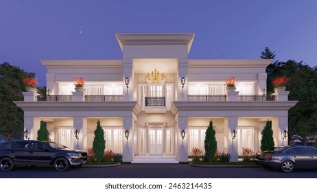 The 3D facade design of a large, luxurious residence with a classic concept is displayed or rendered at night