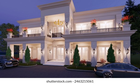 The 3D facade design of a large, luxurious residence with a classic concept is displayed or rendered at night