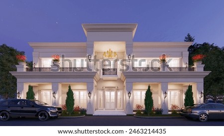 The 3D facade design of a large, luxurious residence with a classic concept is displayed or rendered at night