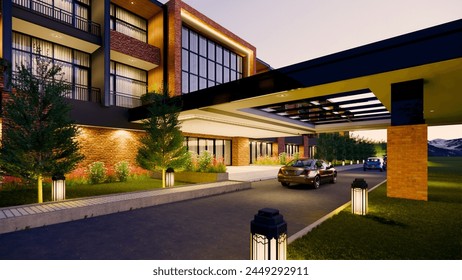 3d facade of hotel with industrial concept