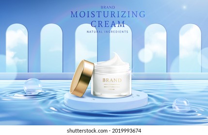 3d face cream cosmetic ad. Illustration of glass cream jar above display podium floating on swimming pool water with arches on walls in the background