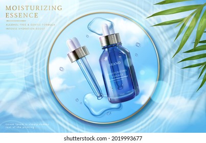 3d face essence cosmetic ad Illustration of light-textured and moisturizing face serum on mirror floating on water